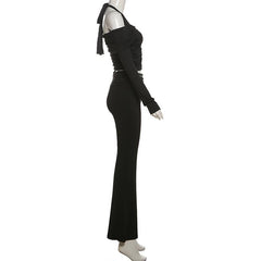 Halter long sleeve off shoulder button ruched pant set