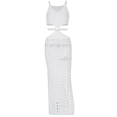 U neck knitted o ring see through tank midi dress