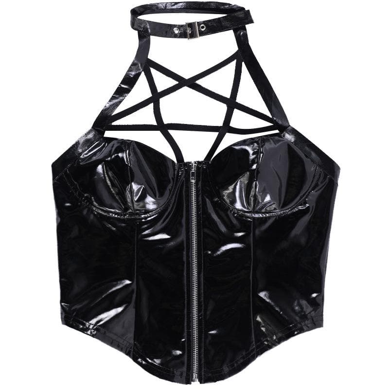 Halter PU leather zip-up backless corset buckle top