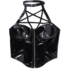 Halter PU leather zip-up backless corset buckle top
