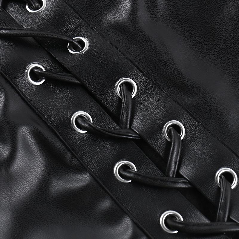 Lace up PU leather patchwork lace rivet cami top