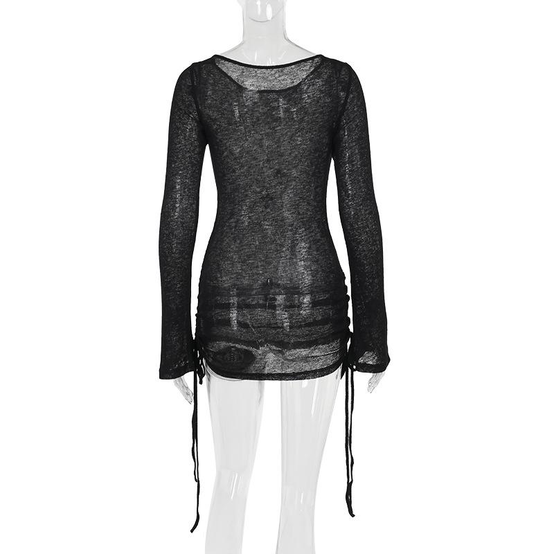 Long sleeve drawstring cross pattern knitted top