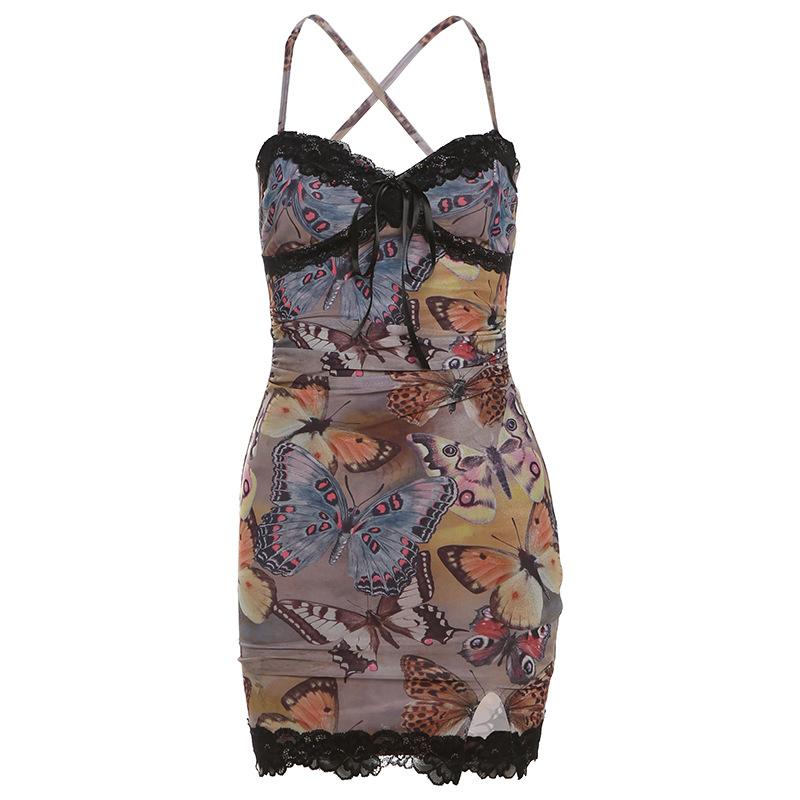 Cross back lace hem slit butterfly print v neck mini dress