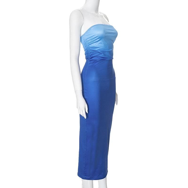 Ruched gradient backless tube maxi dress