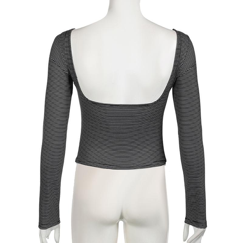 Long sleeve u neck striped backless top