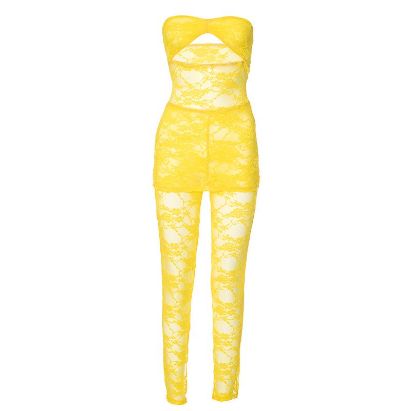 Lace hollow out ruched see through tube pant set