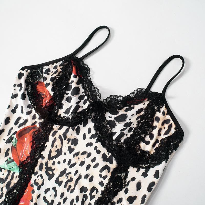 Leopard print sweetheart neck lace hem slit cami maxi dress