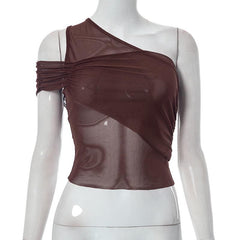 Sheer mesh see through solid one shoulder irregular ruched top
