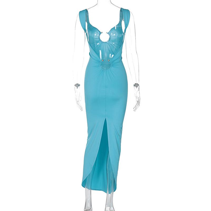 O ring ruched hollow out high slit cami maxi dress  | red tango dress