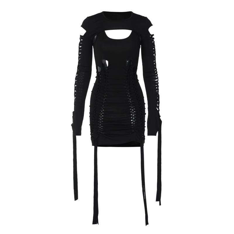 Hollow out solid long sleeve shrug ribbon u neck 2 piece dress  | red tango dress