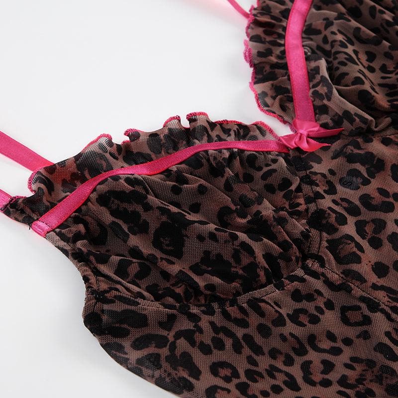 Bowknot ruffle leopard print mesh cami top