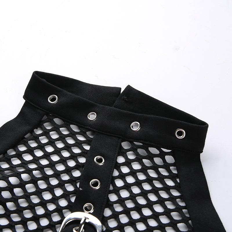 Mesh buckle halter backless solid crop top