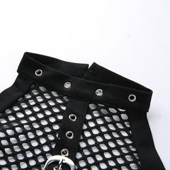 Mesh buckle halter backless solid crop top