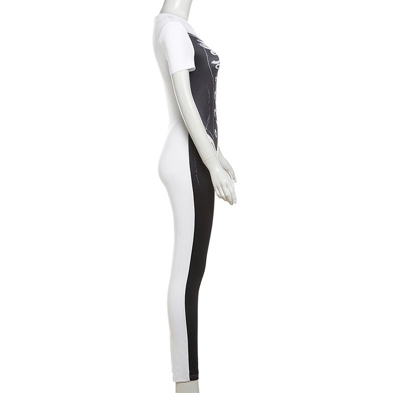 Short sleeve crewneck body print zip-up jumpsuit