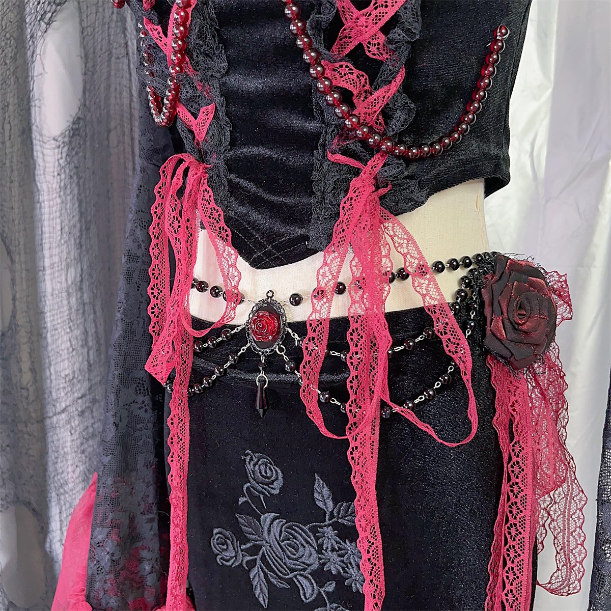 Long flared sleeve embroidery mesh flower applique maxi skirt set