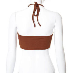 Hollow out ruched halter ribbed crop cut out top