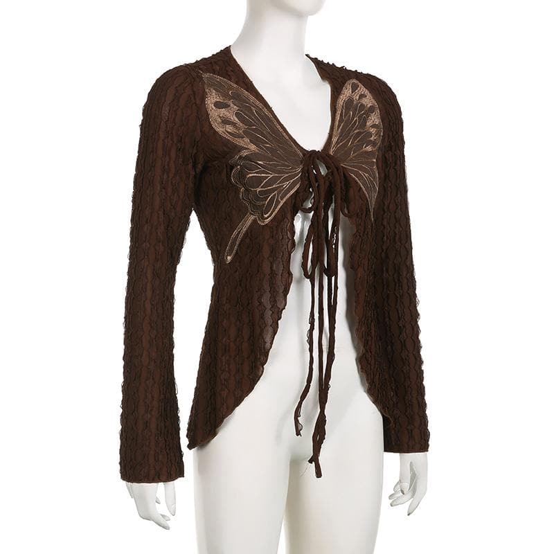 Textured butterfly pattern self tie long sleeve v neck crop top