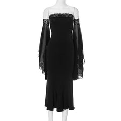 Off shoulder long sleeve mesh lace hem tube maxi dress