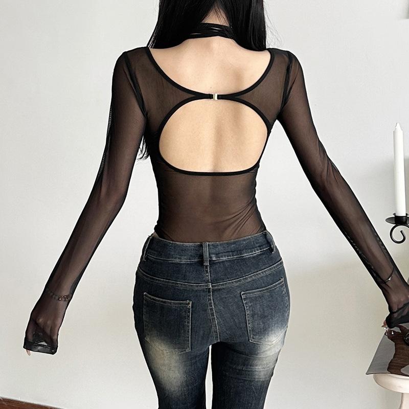 Halter long sleeve mesh hollow out bodysuit