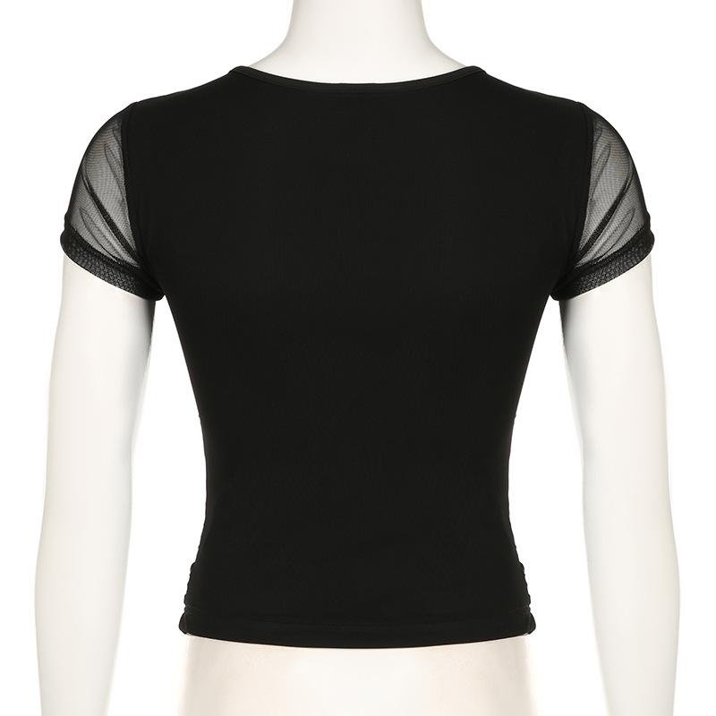 Short sleeve v neck mesh ruched solid top