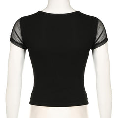 Short sleeve v neck mesh ruched solid top