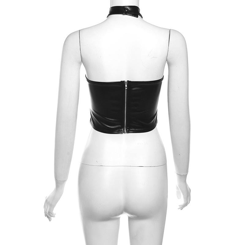 Halter backless PU leather zip-up crop top