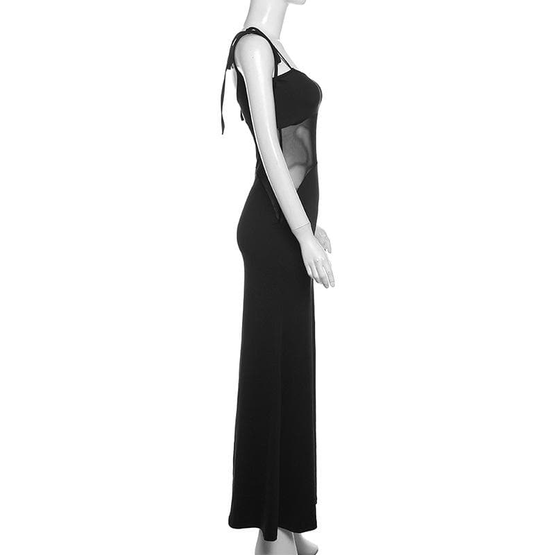 Mesh patchwork self tie backless cami maxi dress