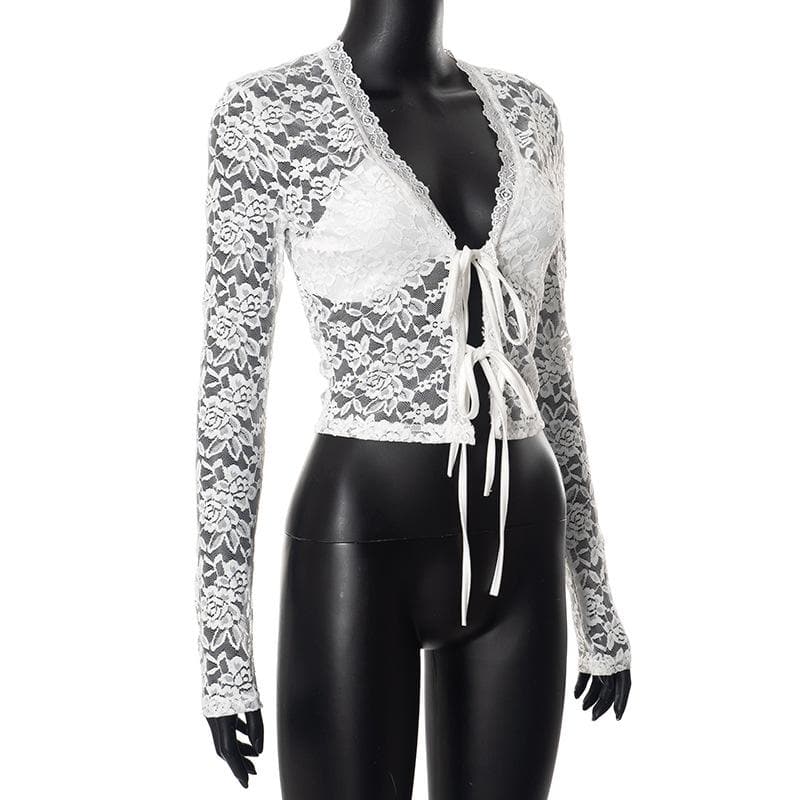 Long sleeve v neck lace self tie solid crop top