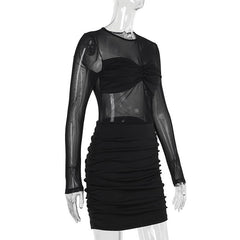 Long sleeve mesh patchwork ruched mini dress
