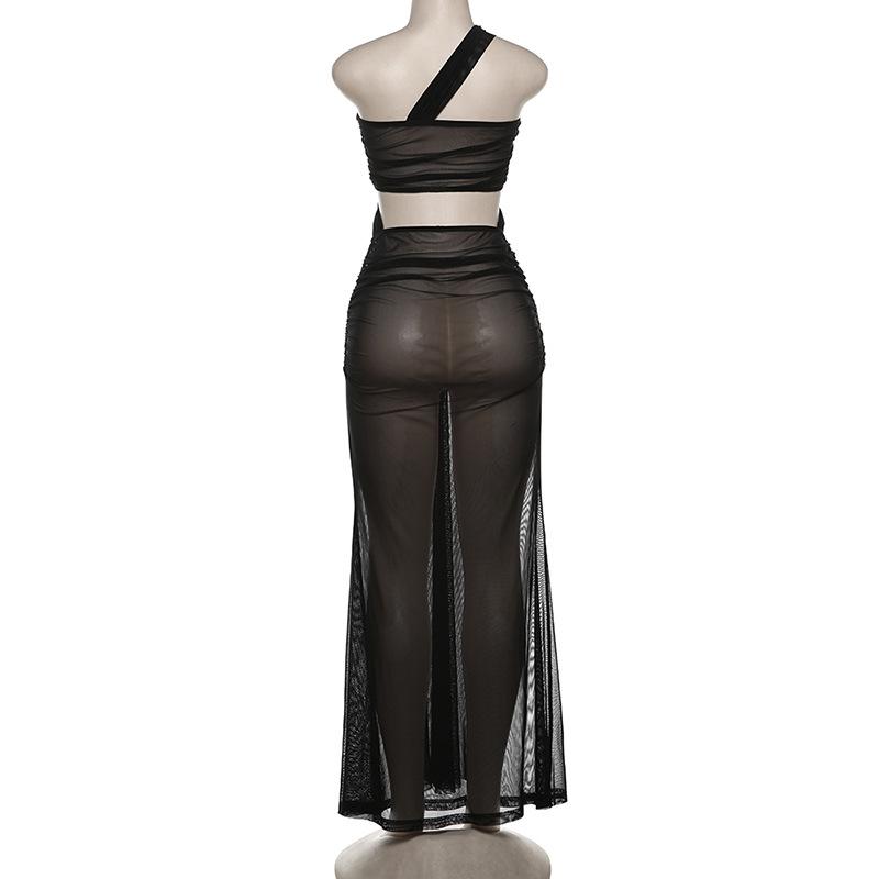 One shoulder mesh hollow out maxi dress