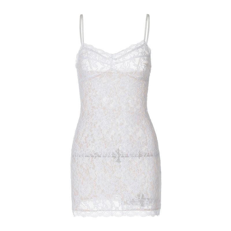 V neck see through lace bowknot cami mini dress