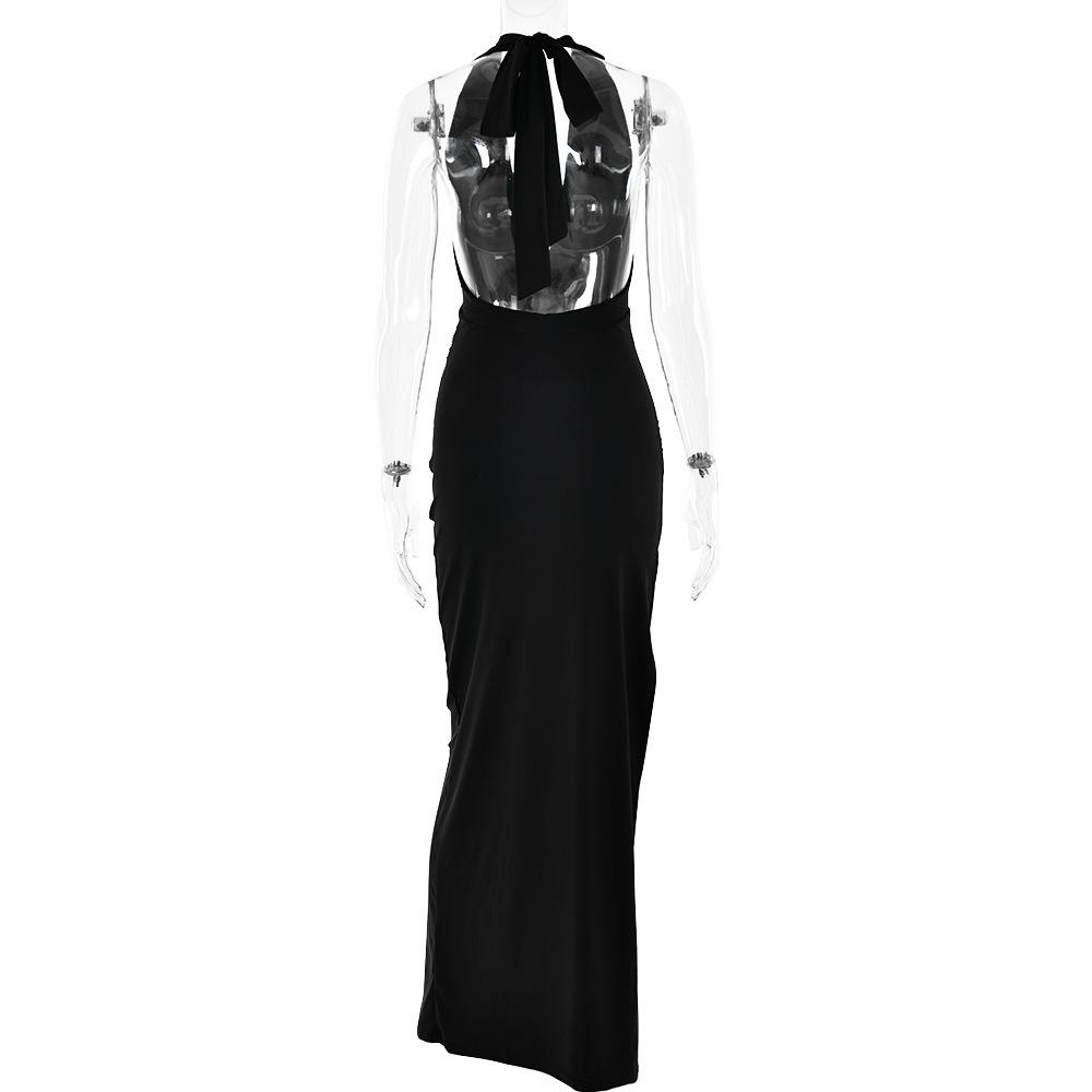 Halter deep v neck slit backless ruched maxi dress