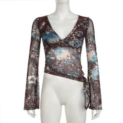 V neck long flared sleeve abstract mesh top