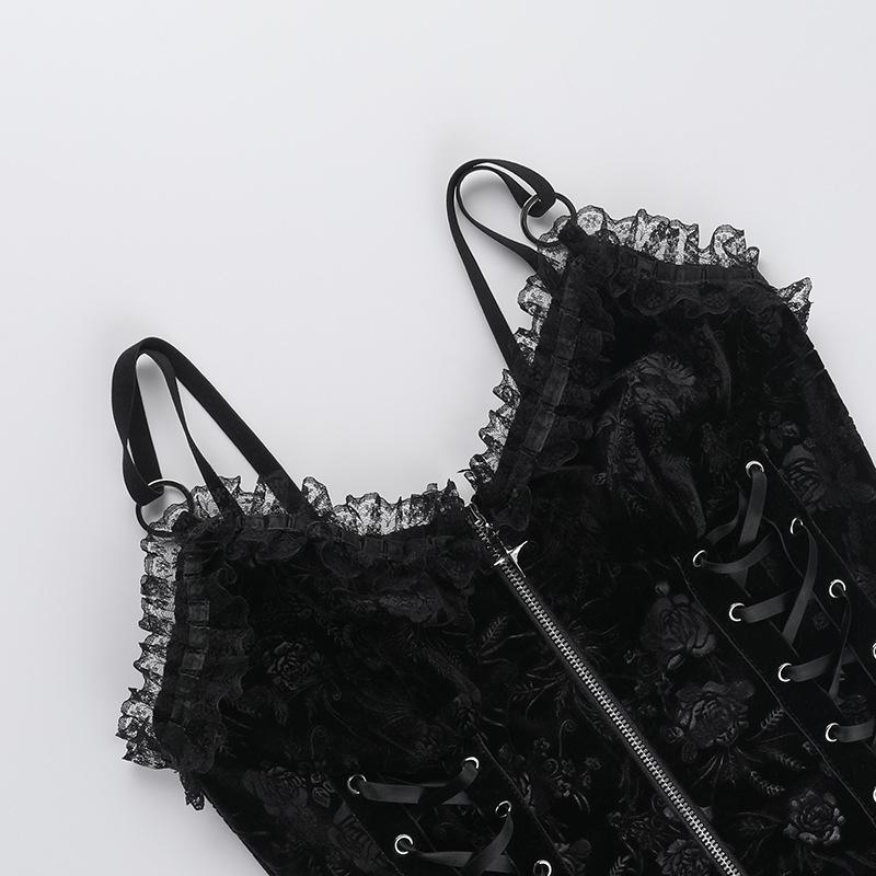 V neck lace hem zip-up ruffle lace up cami top