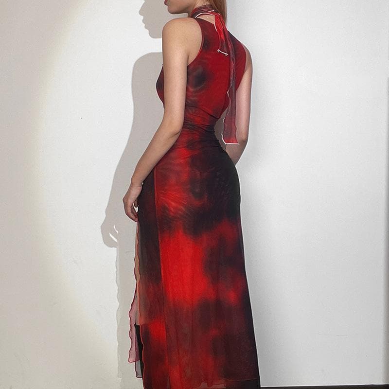 Sheer mesh see through sleeveless contrast print slit midi dress  | red tango dress  | samba dress
