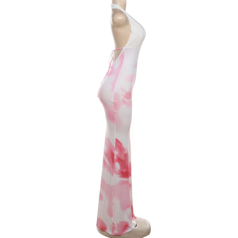 Halter lace deep v neck tie dye maxi dress  | red tango dress