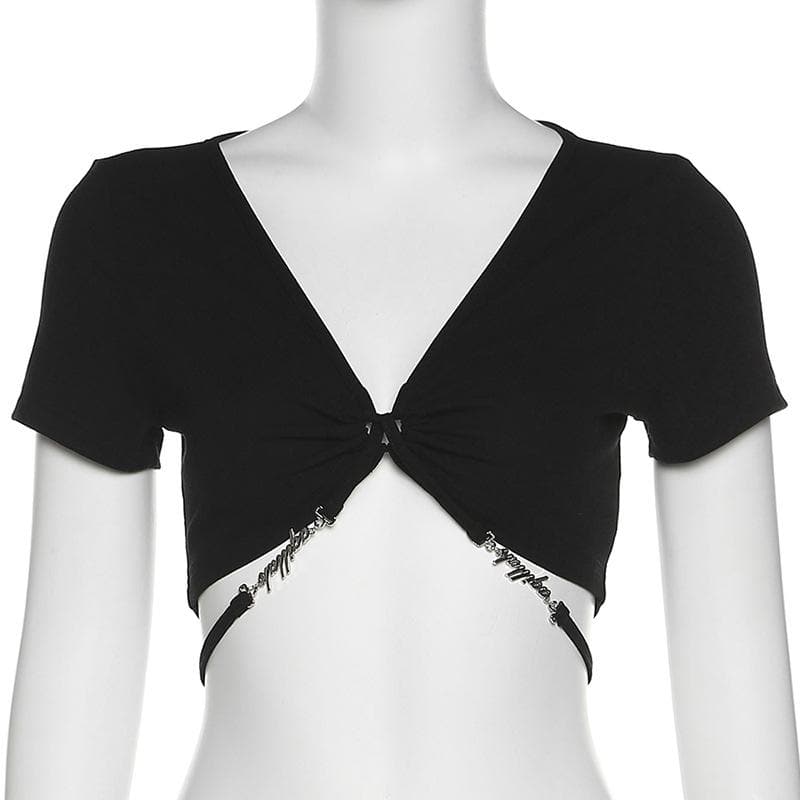 Short sleeve v neck metal letter self tie back crop top
