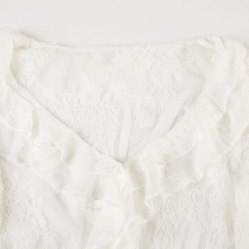 Long sleeve ruffle lace see through top