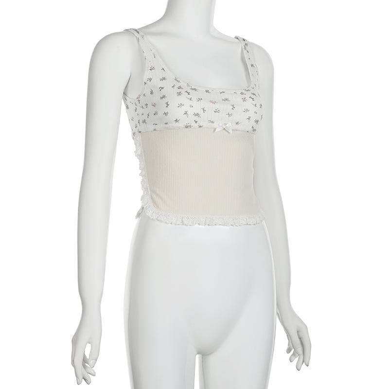 Flower print lace hem contrast sleeveless square neck top
