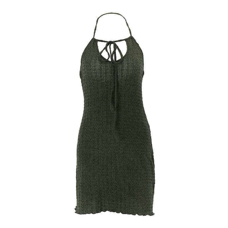 Ruffle halter textured hollow out self tie solid mini dress