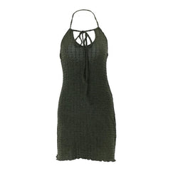 Ruffle halter textured hollow out self tie solid mini dress