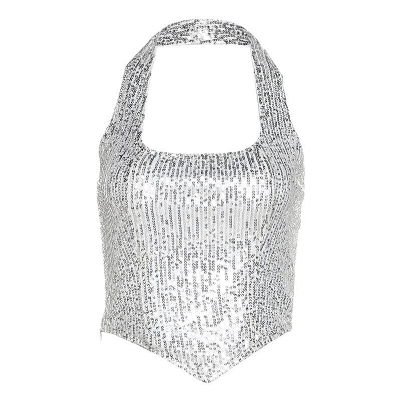 Beaded halter zip-up backless solid sleeveless crop top