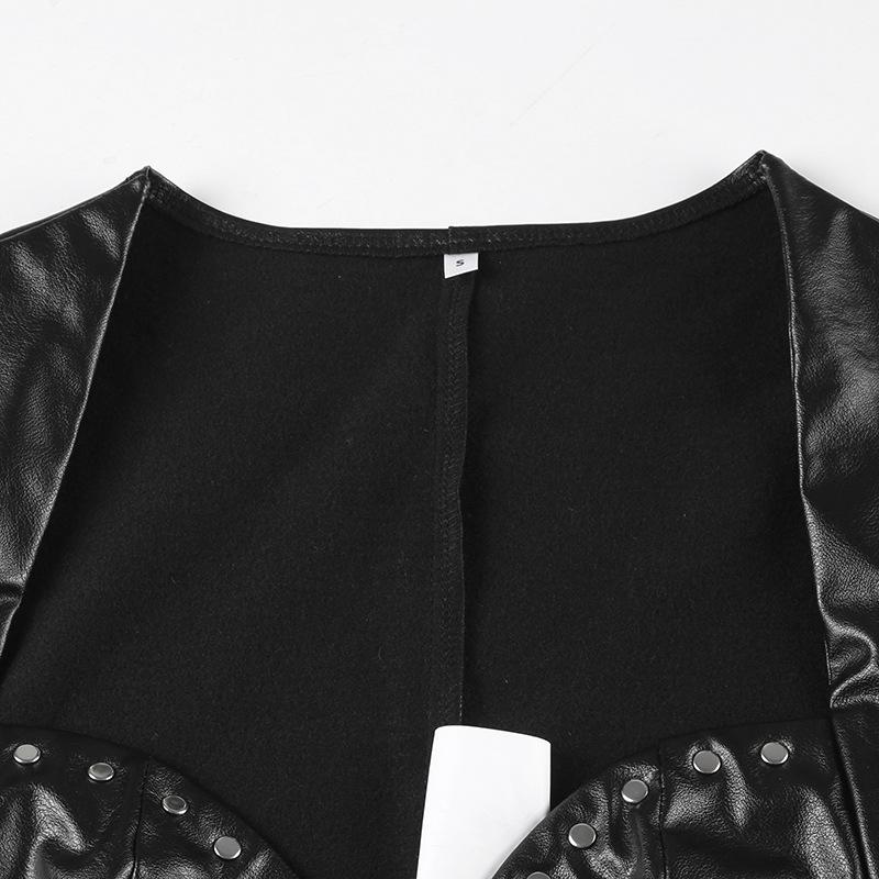 PU leather sweetheart neck long sleeve crop top