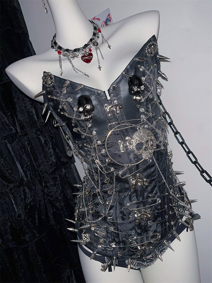 Skull metal chain PU leather lace up rivet tube top