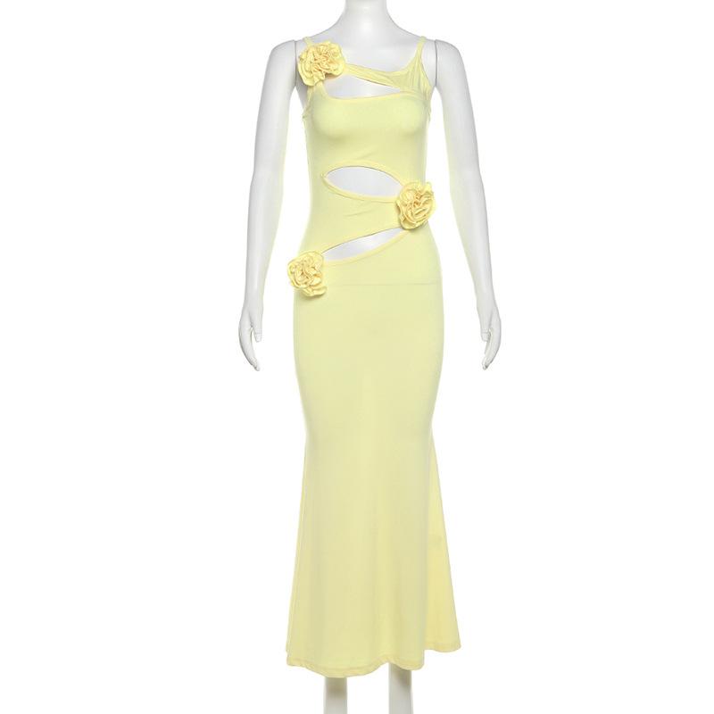 Hollow out rose applique solid cami maxi dress
