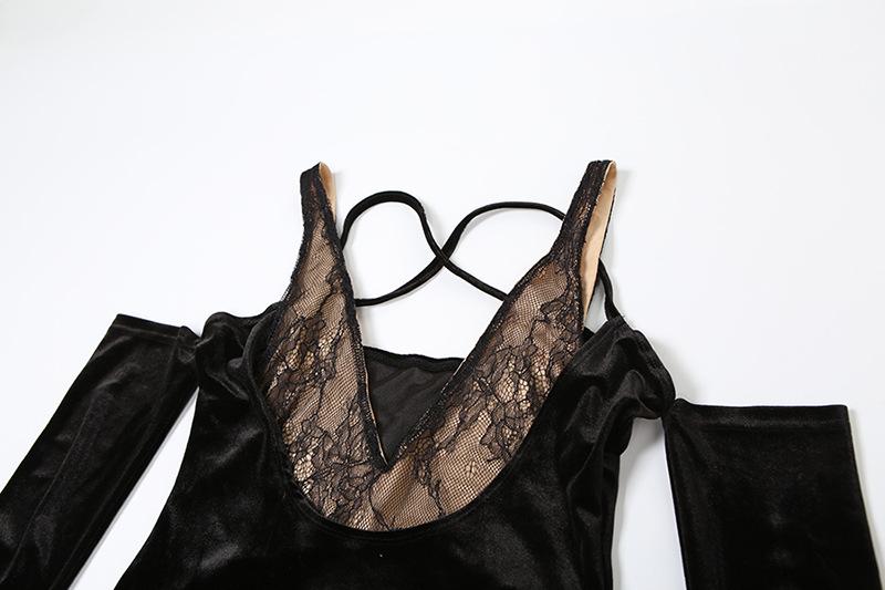 Off shoulder v neck velvet lace hem cami maxi dress