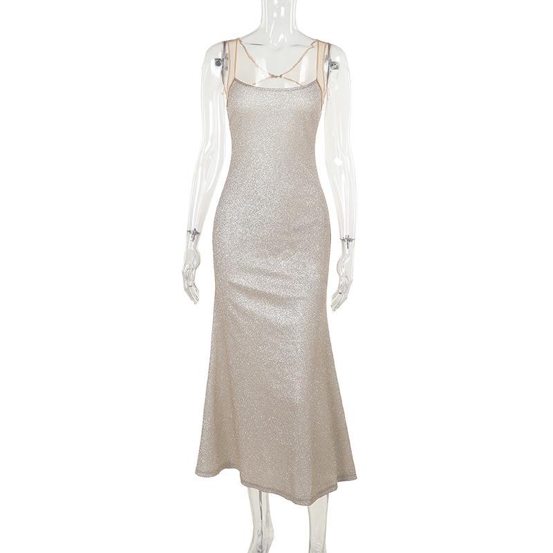 Glitter u neck backless cami maxi dress