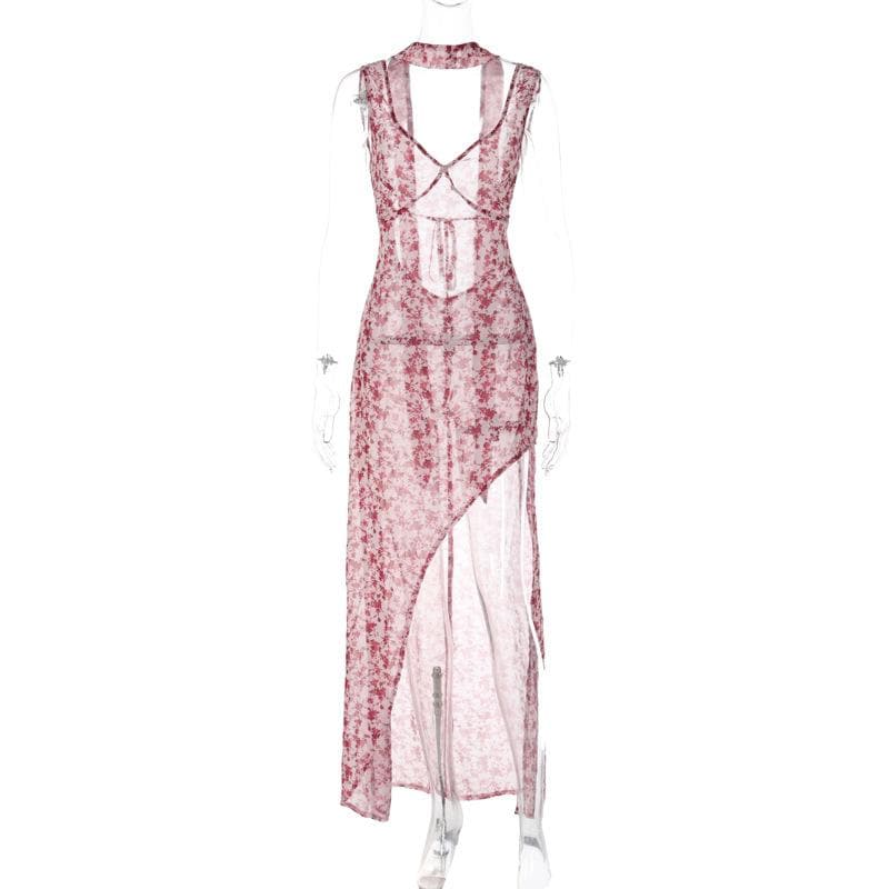 Chiffon flower print contrast backless v neck sleeveless maxi dress  | red tango dress