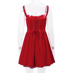 Lace hem drawstring ruched lace up cami mini dress  | red tango dress