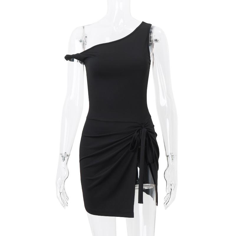 One shoulder knotted high slit ruched mini dress